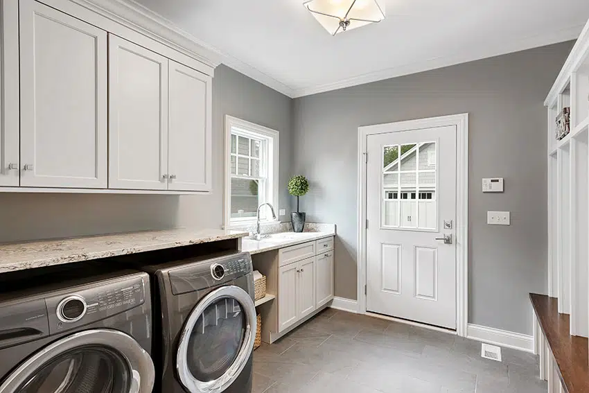 Laundry room white cabinets gray paint is