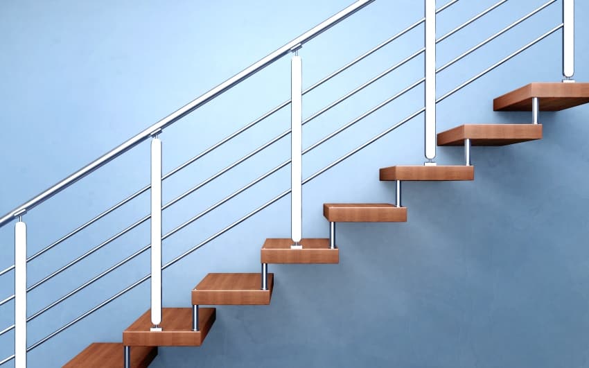 modern wooden staircase with chromed railing and light blue wall