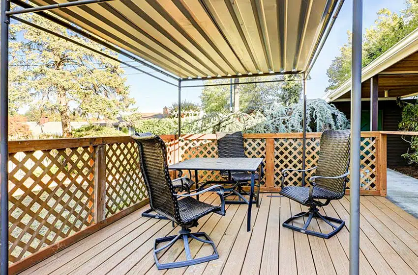 Aluminum roof pergola wood deck table and chairs