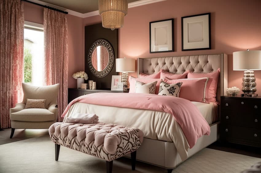 Bedroom with painted pink walls and brown furniture