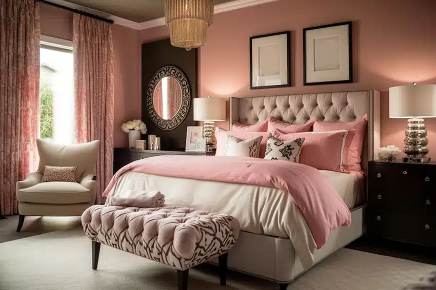 Beautiful bedroom with dark pink walls, lamp, armchair, mirror, and window