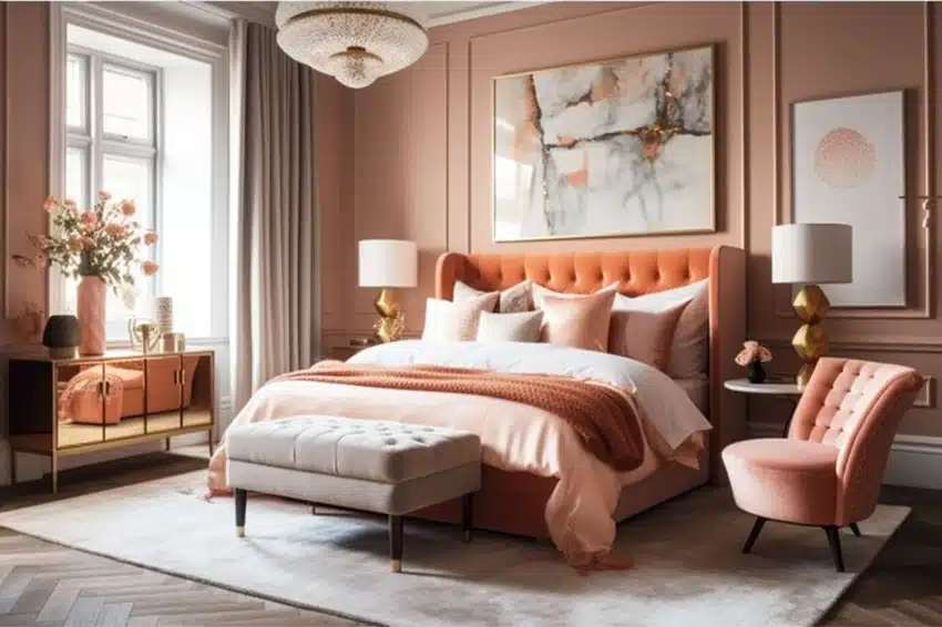 Beautiful bedroom with soft pink walls and muted orange headboard