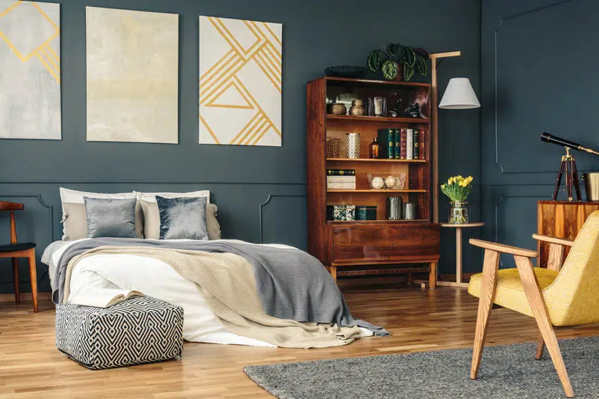 Bedroom with blue and gold styling