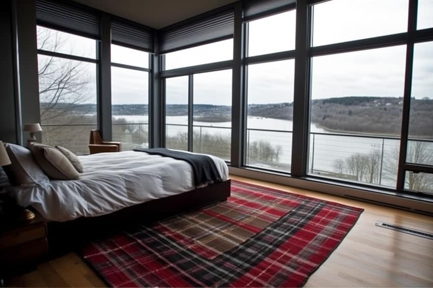 Bedroom with plaid rug and river views