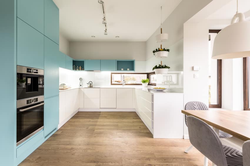 Blue and white kitchen interior