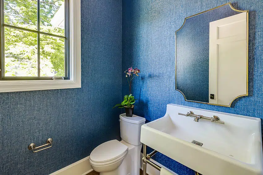 Blue bathroom with elongated toilet basin sink
