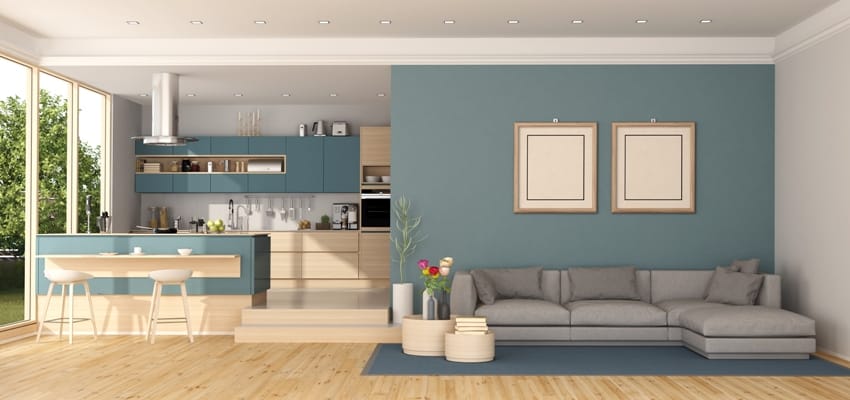blue living room with gray sofa and modern kitchen on background