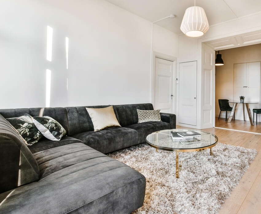 Bright modern room with black sofa and light carpet