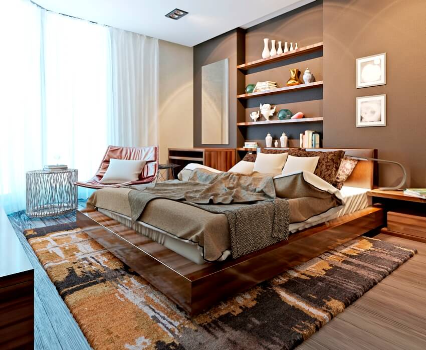 Brown interior bedroom with colorful carpet