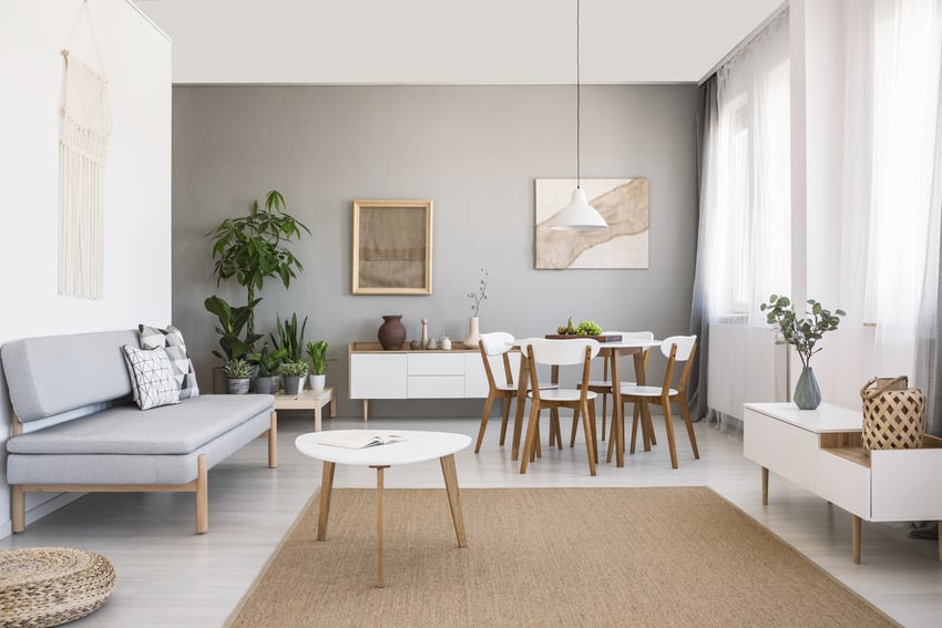 Classic living room interior with gray sofa wooden furniture pieces and viscose rug