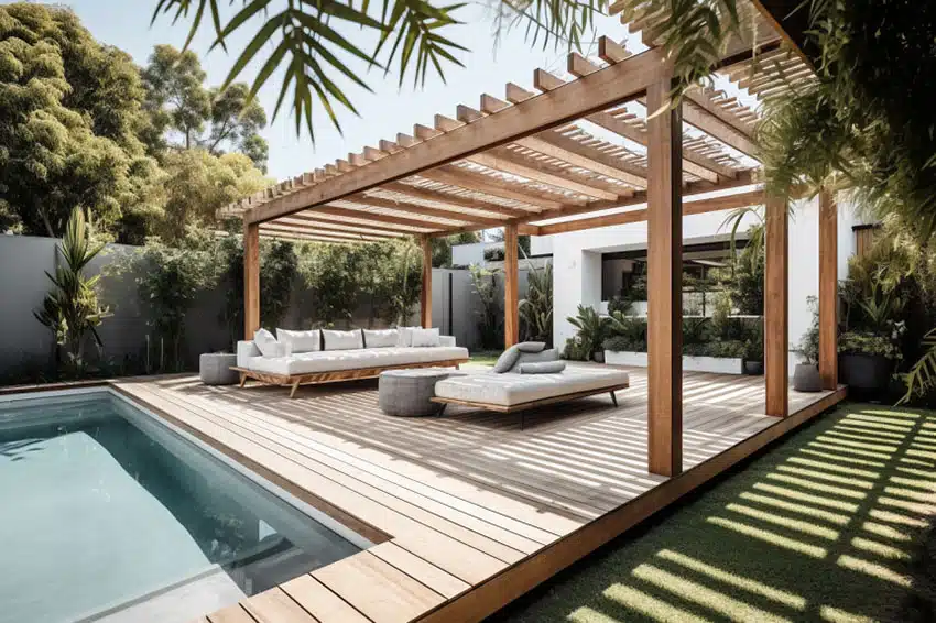 Contemporary backyard pergola with outdoor furniture