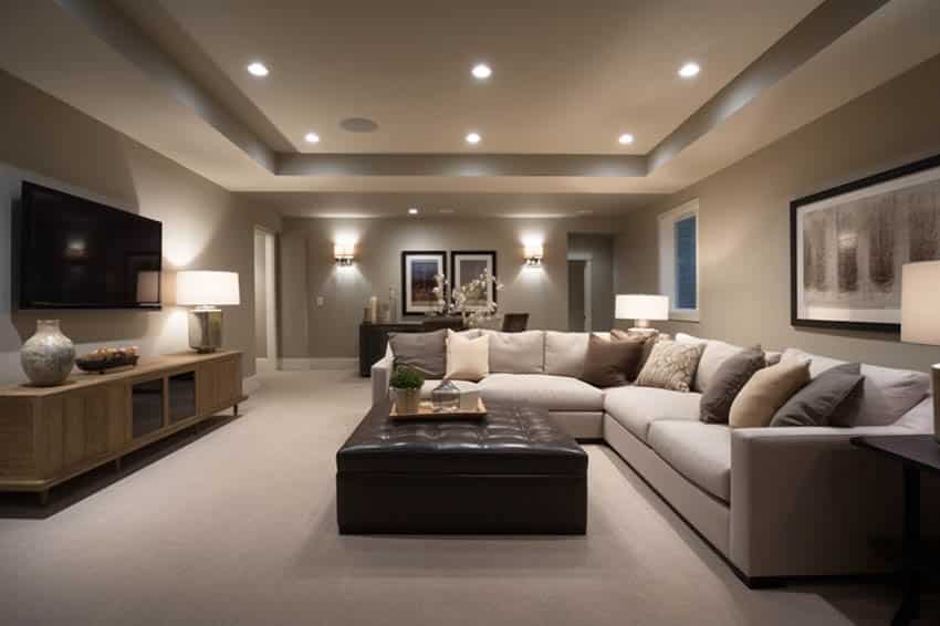 Contemporary basement with mindful gray and light color carpet