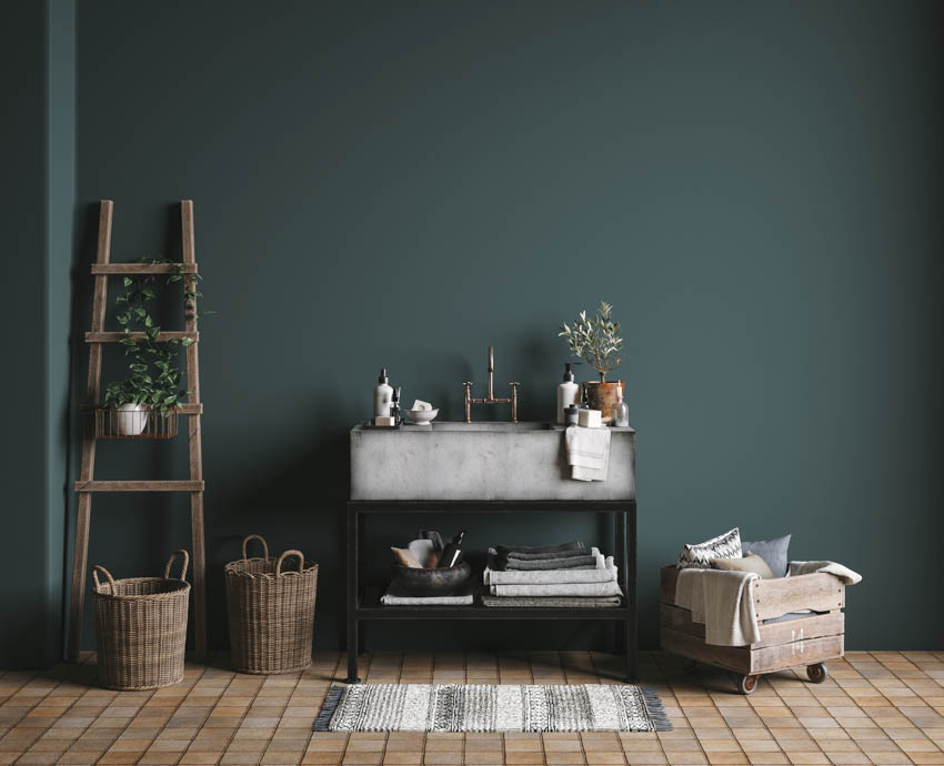 Contemporary bathroom green wall concrete countertop wood floor