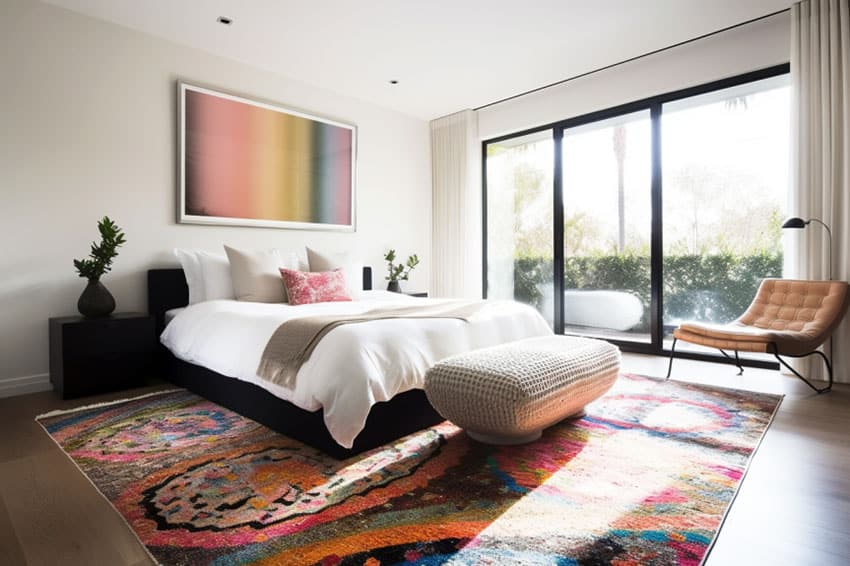 Contemporary bedroom with rug and outdoor views