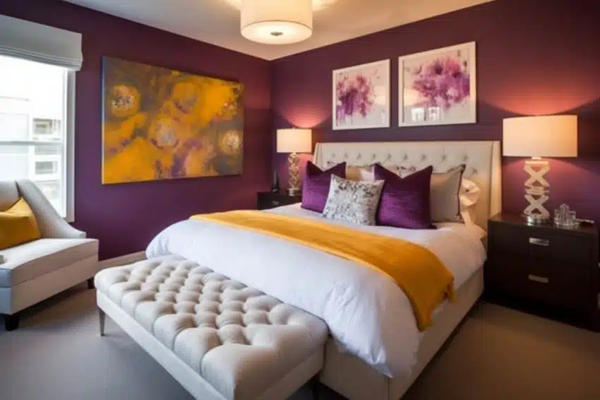 Bedroom with purple and yellow combination