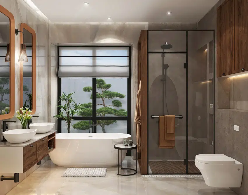 Contemporary combined bathroom style with slightly tinted glass 