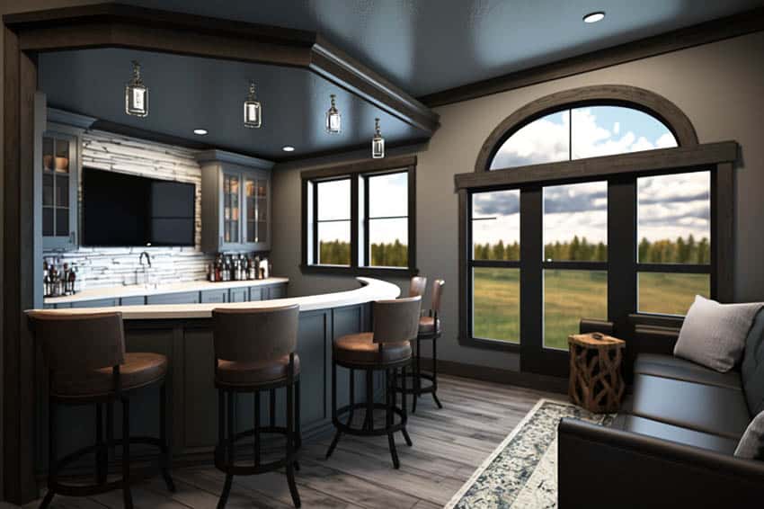 Contemporary gray man cave with home bar and lounge