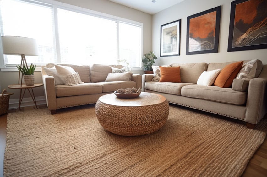 Contemporary living space jute rug beige sofas orange decor
