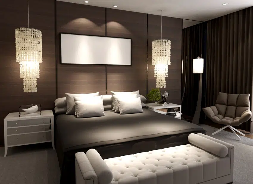 Elegant bedroom interior with bed chair bedside table and a tufted bedroom bench