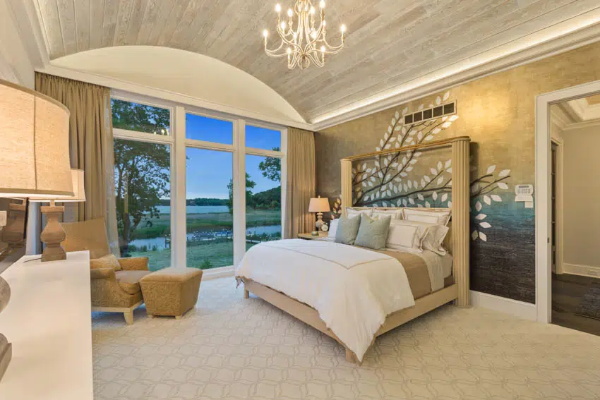 Gold chandelier lamp, chair and wallpaper and glass door curtain