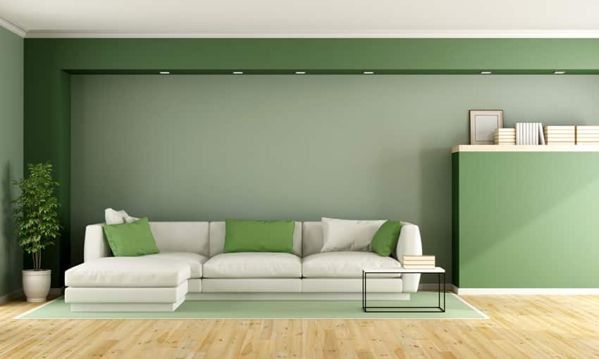 green living room with sofa on carpet and honey oak wood floors