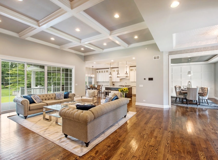 hardwood floors with coffered ceiling elegant furniture and large windows