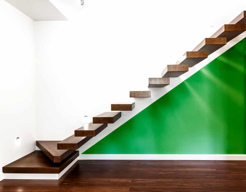 horizontal view of stairs with emerald green and white wall