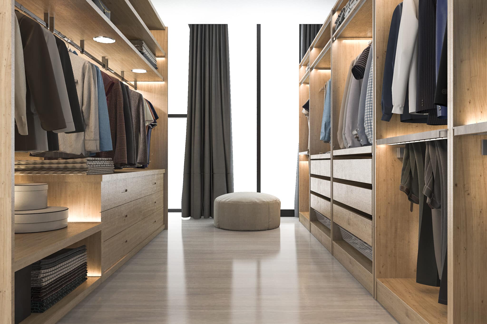 Modern light wood walk in closet with under shelf lighting panel curtain round chair
