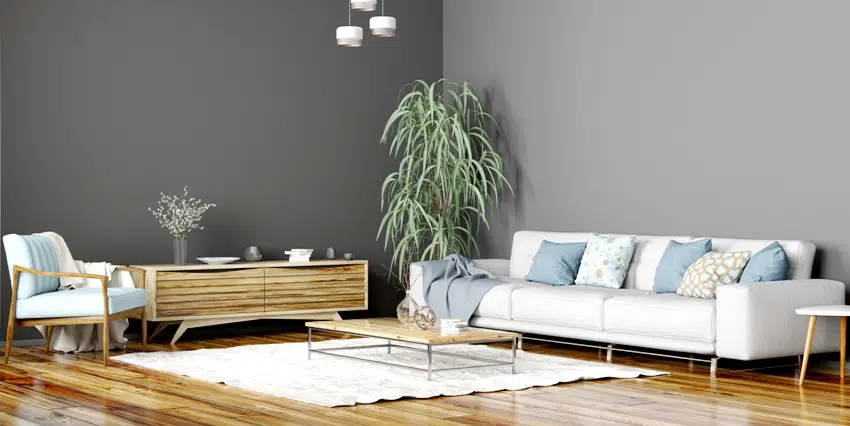 interior design of modern scandinavian living room with grey in two tones