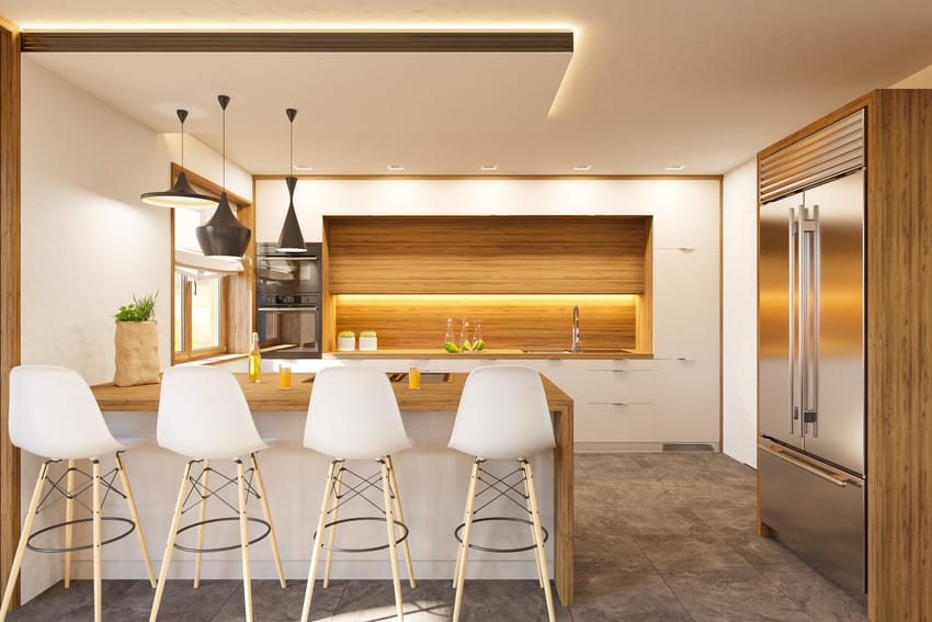 Kitchen interior design in white with wooden accents