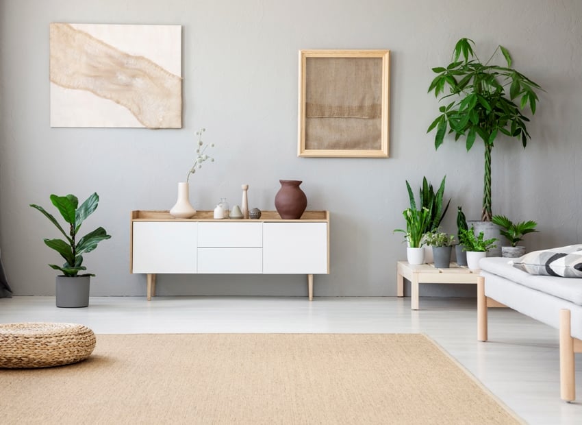 light grey living room interior with fresh green plants two modern posters white cupboard and a wicker footrest placed on big carpet on the floor