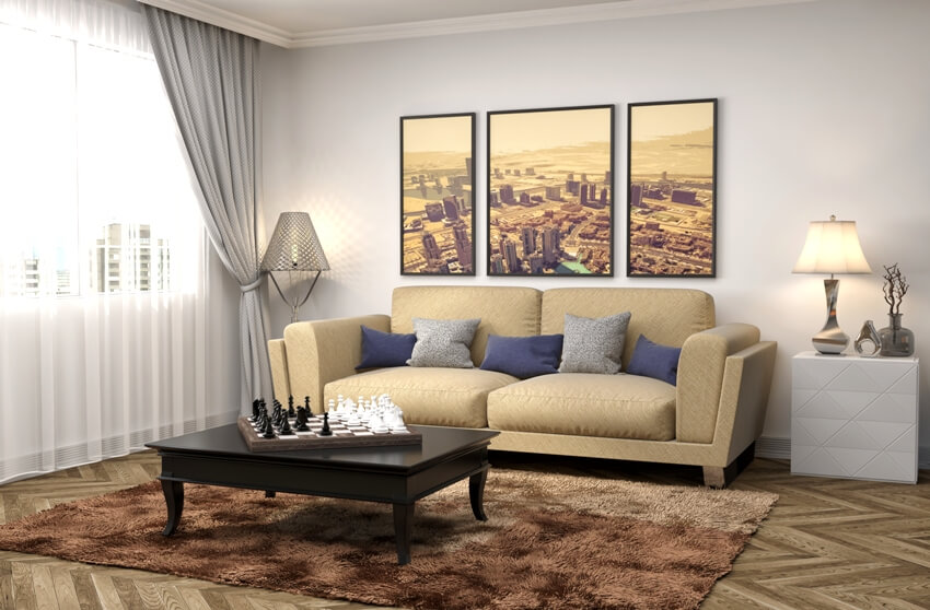 Living area with furniture wall decor and brown shag carpet