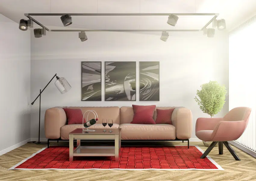 living room interior with gray hue a burgundy carpet on the floor light peach sofa and armchair