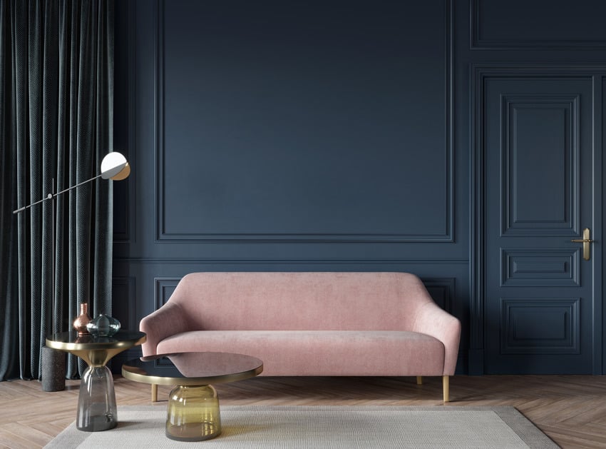 Living room interior with navy blue walls and door accent couch and various decorations