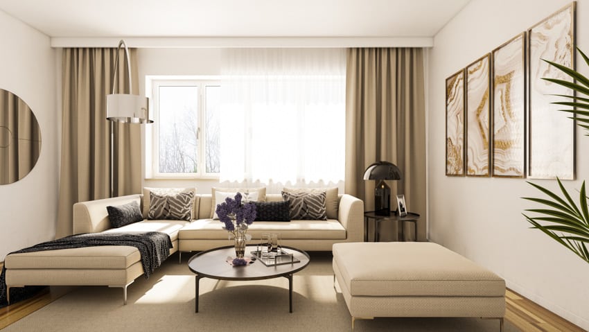 Living room with beige curtains furniture pieces
