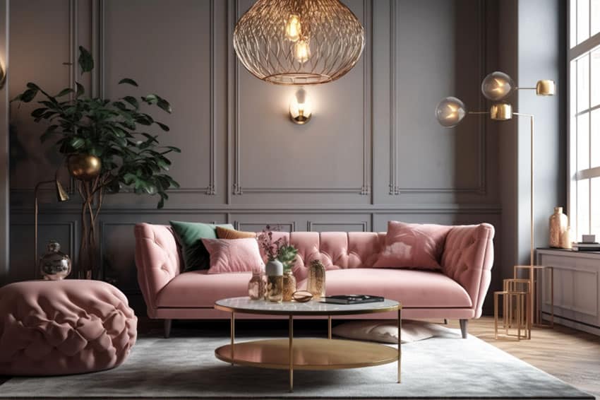 Living room with pink sofa gold finishes gray walls