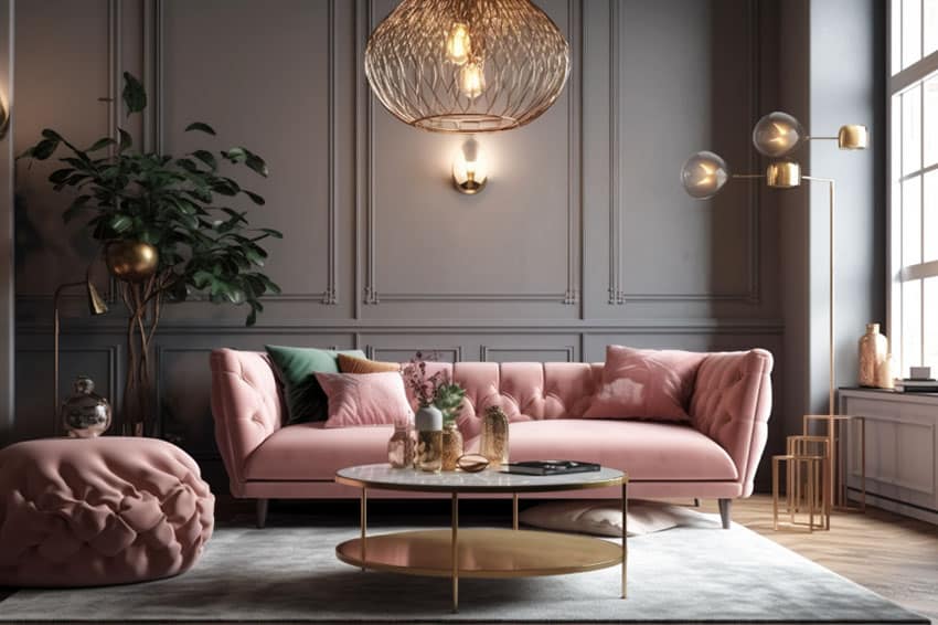 Room with pink sofa gold finishes gray walls