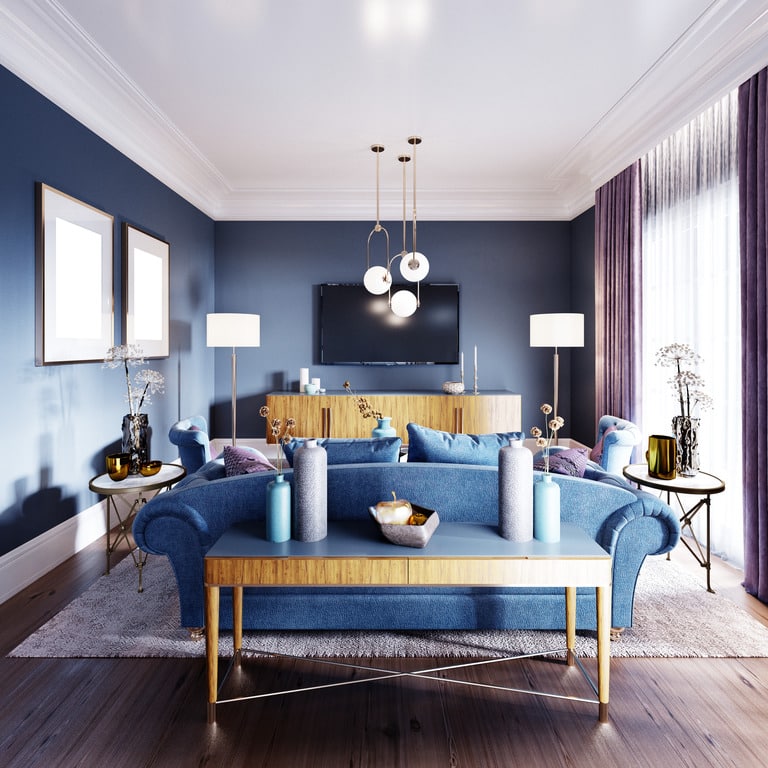 Luxurious blue brown burgundy living room in art deco style