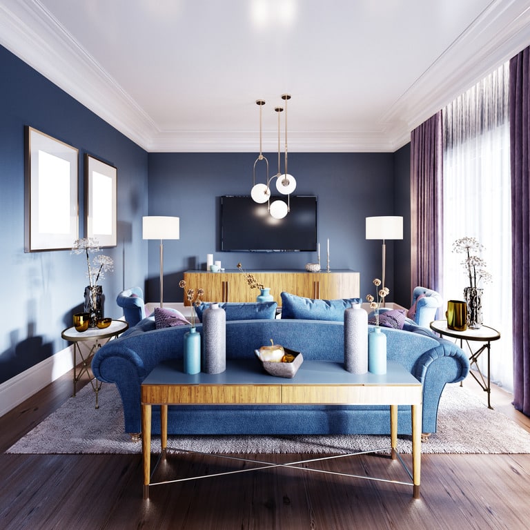 Luxuriöses blaubraunes Burgunder Wohnzimmer im Art Deco Stil