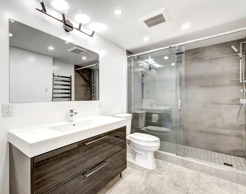 luxury modern renovated bathroom with drawers and good lighting