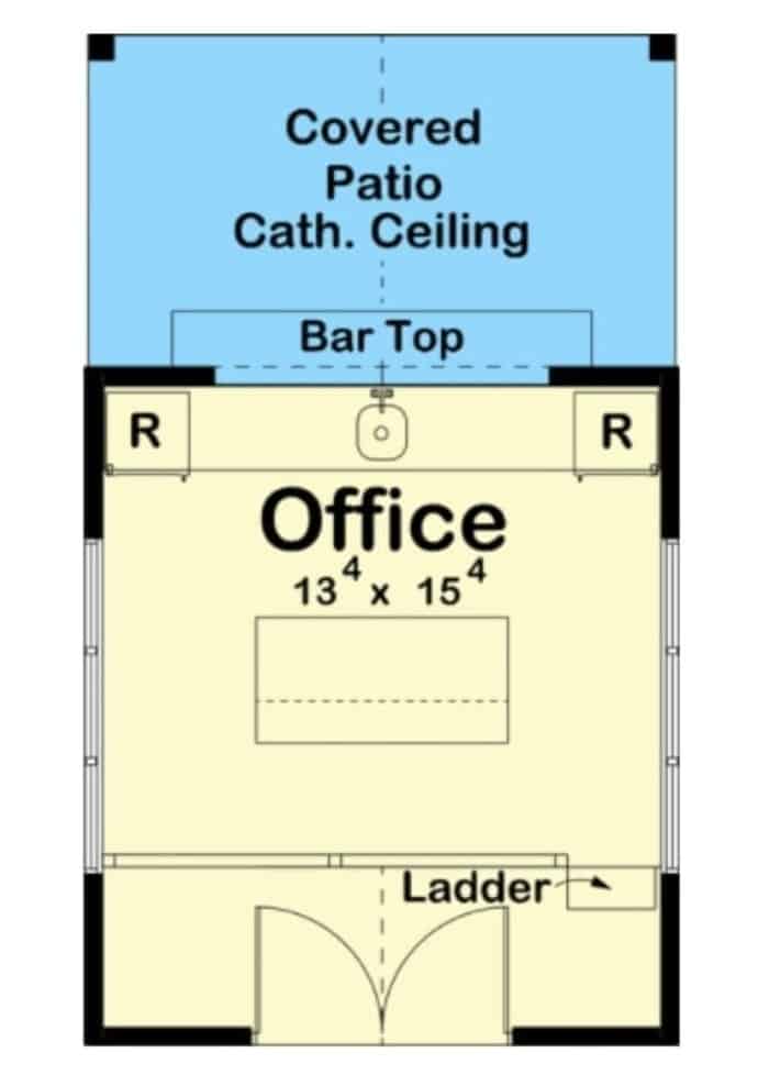 Main level floor plan of modern farmhouse backyard office