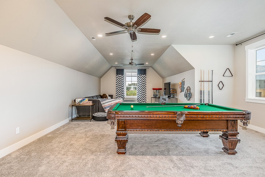 Man cave ideas with billiards table ceiling fan and light