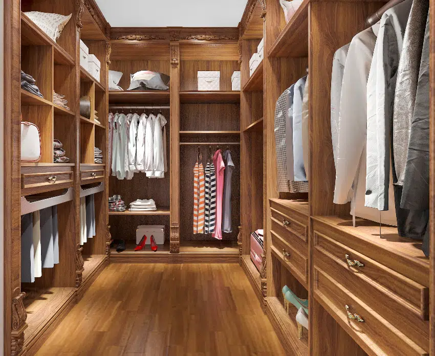 Minimal scandinavian wood walk in closet with wardrobe