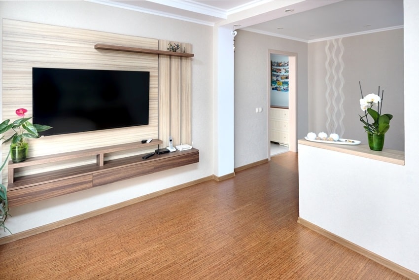 modern apartment living room with large tv over wooden cabinet orchid cork floorboards and door to corridor