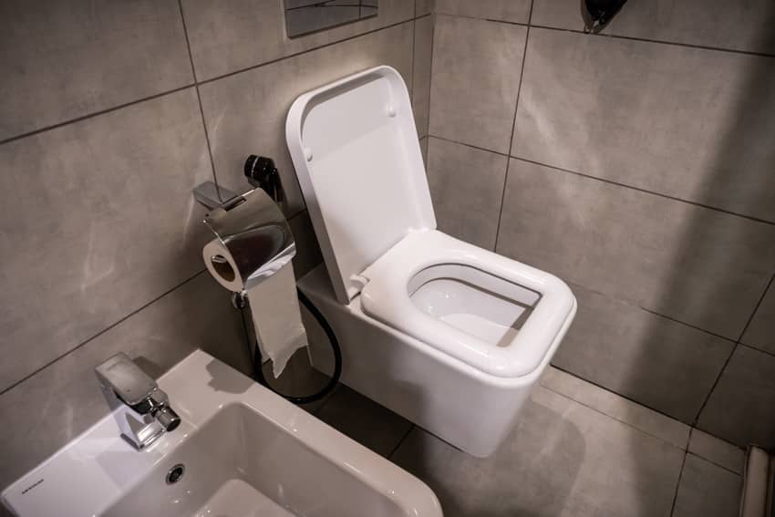 Modern bathroom interior with square-shaped toilet seat