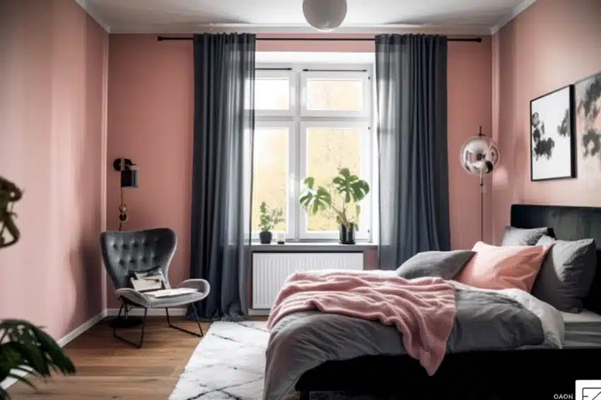 Modern bedroom pink painted walls gray color furniture and curtains