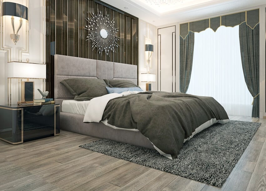 bedroom with gray carpet on the floor bed and curtains