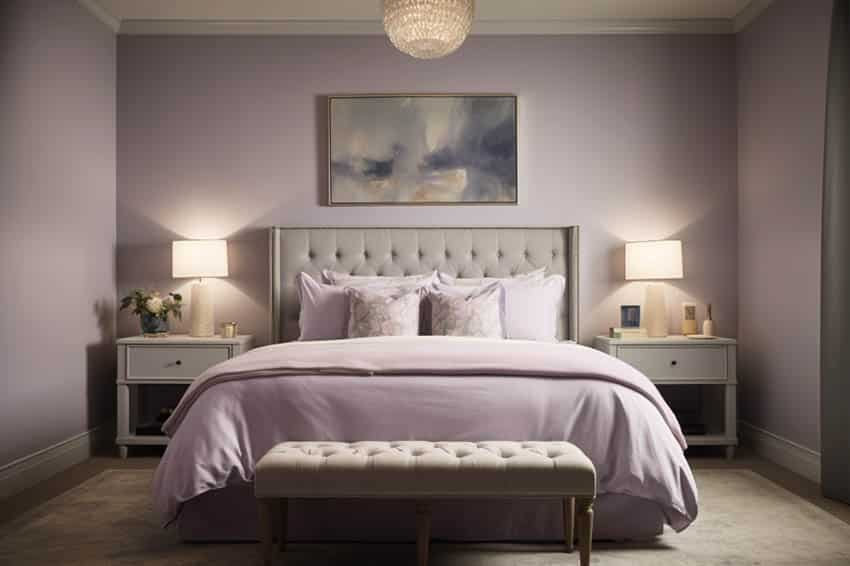 Lavender mist purple paint color with grey bed and ottoman