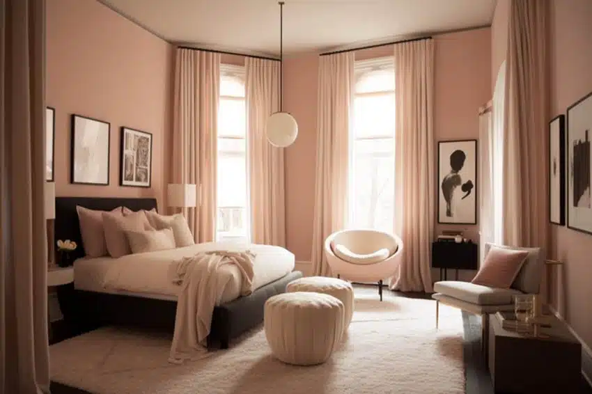 Modern bedroom with pink painted walls cream color curtains furnishings