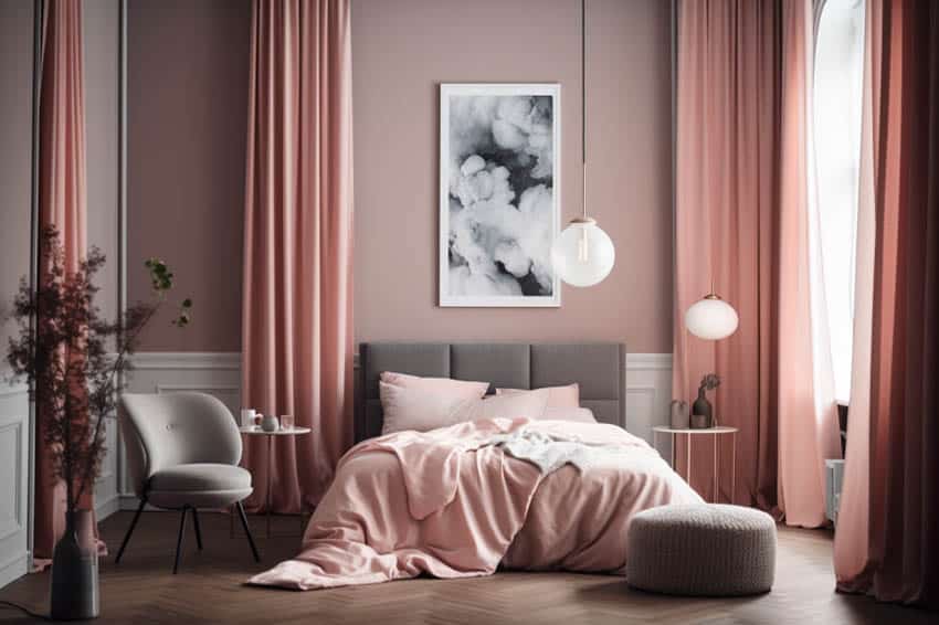 Modern bedroom with pink painted walls different pink color curtains